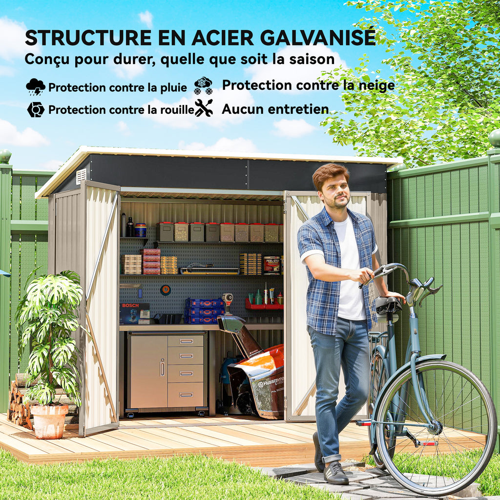 Abri de jardin en métal cabane jardin extérieure triple porte verrouillable toit incliné aérations 234x132x185cm gris-4