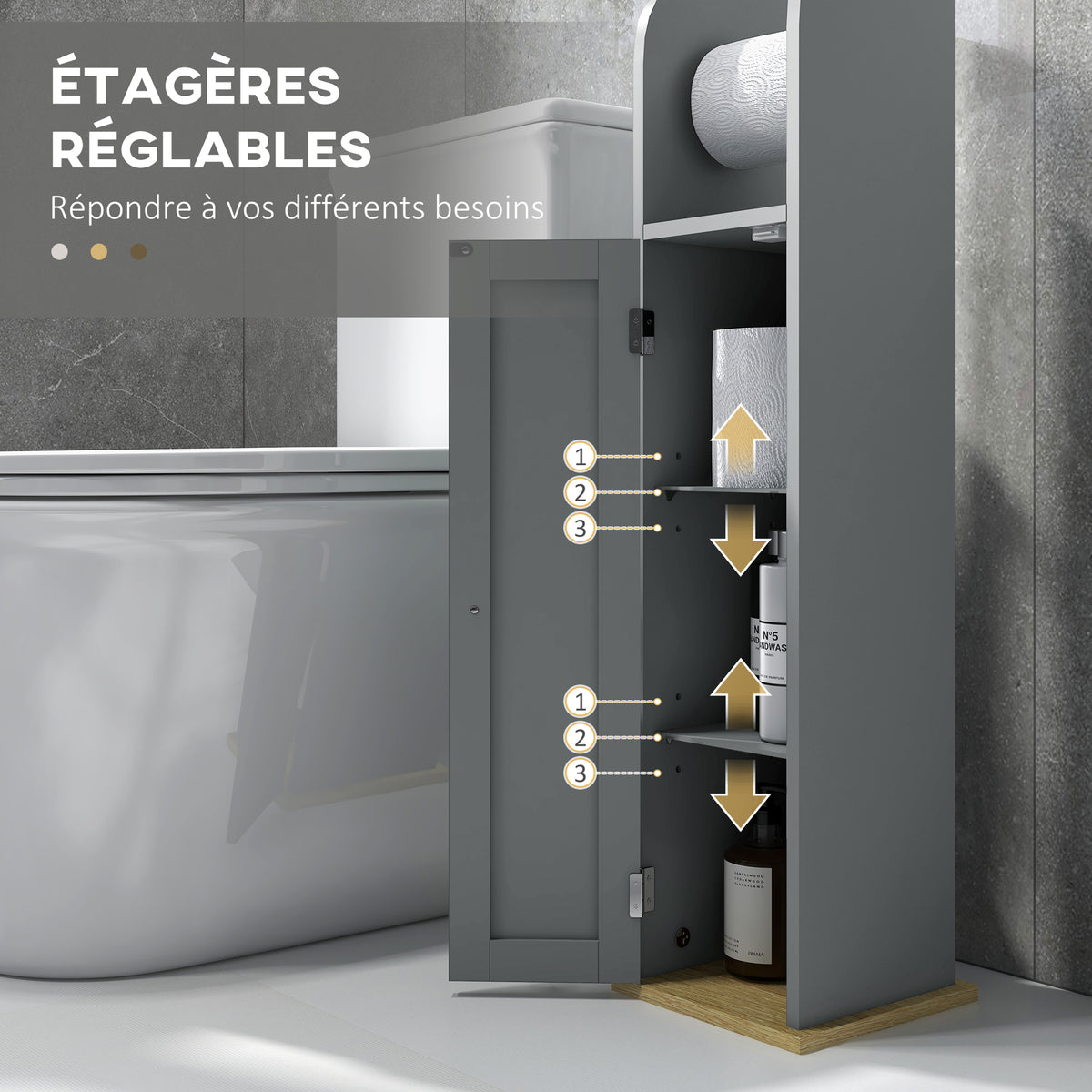 Meuble de salle de bain support papier toilette avec placard et étagères réglables 20 x 20 x 80 cm gris-4