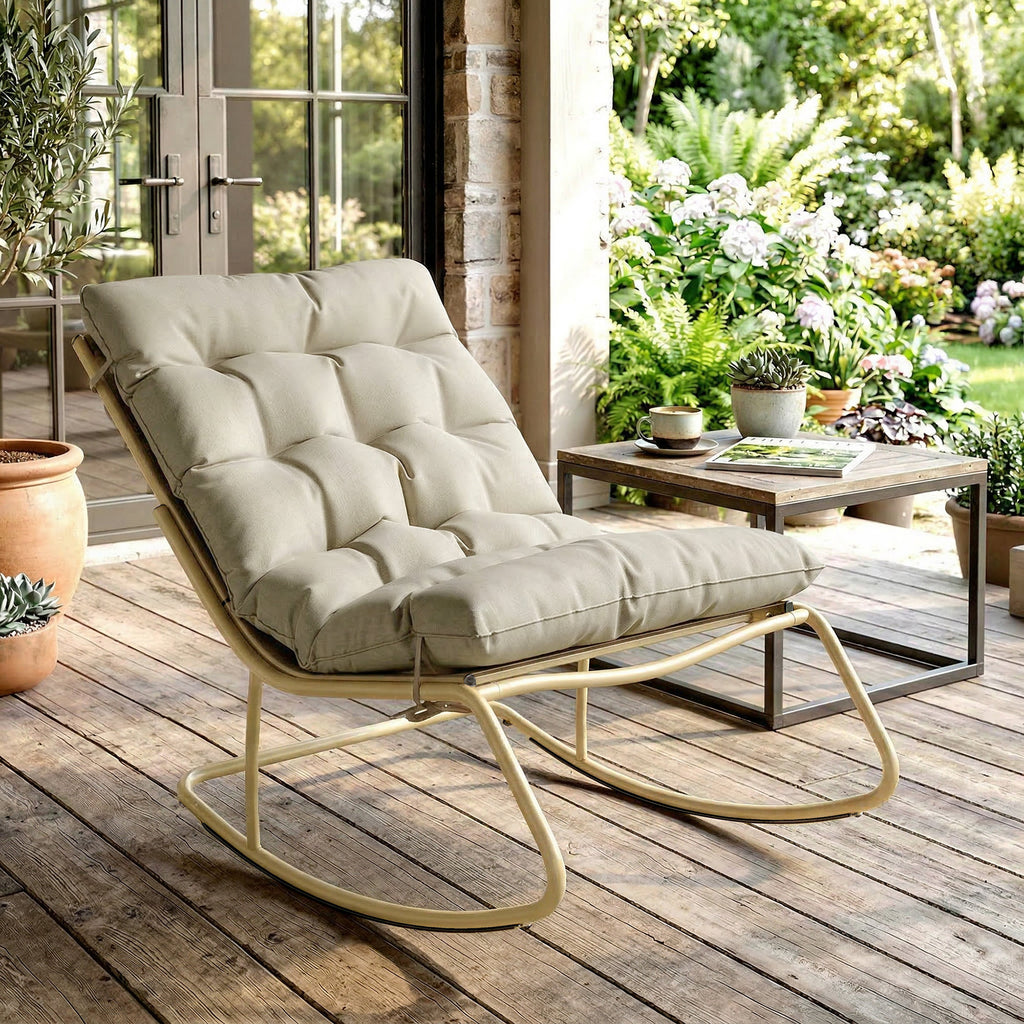 Fauteuil à Bascule Extérieur Coussin Moelleux 125cm Large 64cm en Acier et Textilène Beige et Doré-1