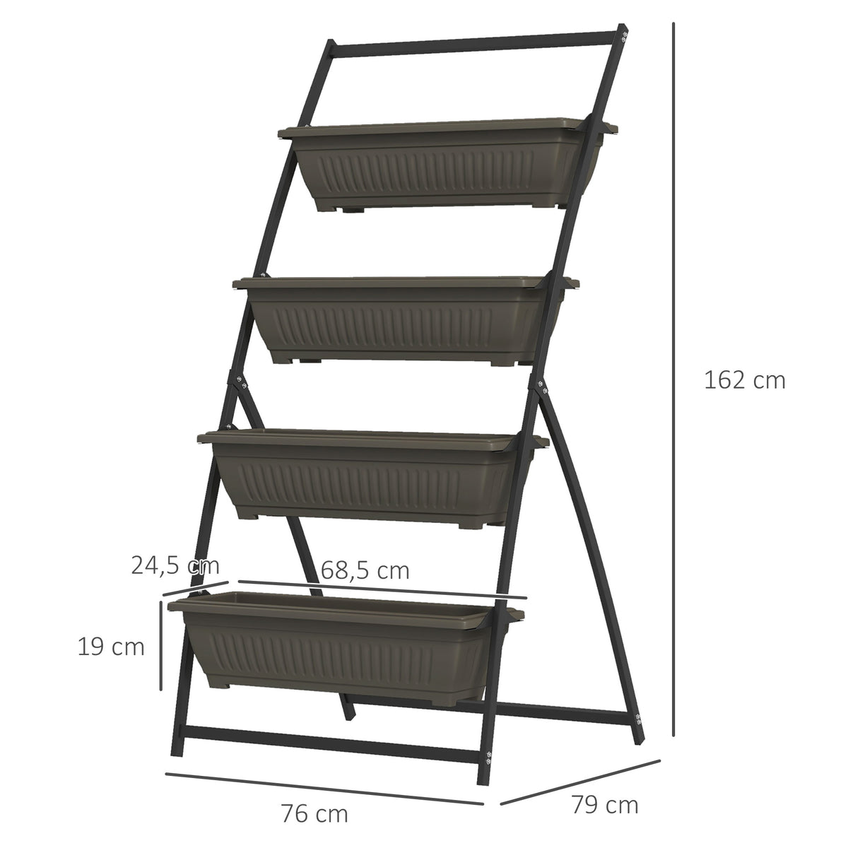 Étagère à Fleurs en Acier 4 Niveaux, Support de Plantes Vertical avec 4 Bacs et Trous de Drainage, 76x79x162cm, Marron-2