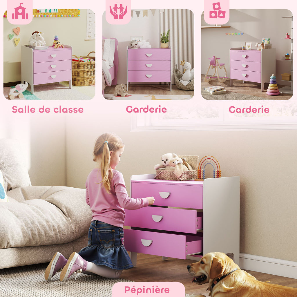 Commode pour enfants, commode rangement 3 tiroirs pour chambre d'enfant, crèche, salle de jeux, 60 x 40 x 60 cm, rose-6