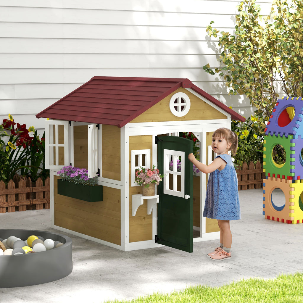 Cabane enfant extérieur maison enfant extérieure avec porte fenêtres et jardinières 114 x 126,4 x 135 cm beige-9