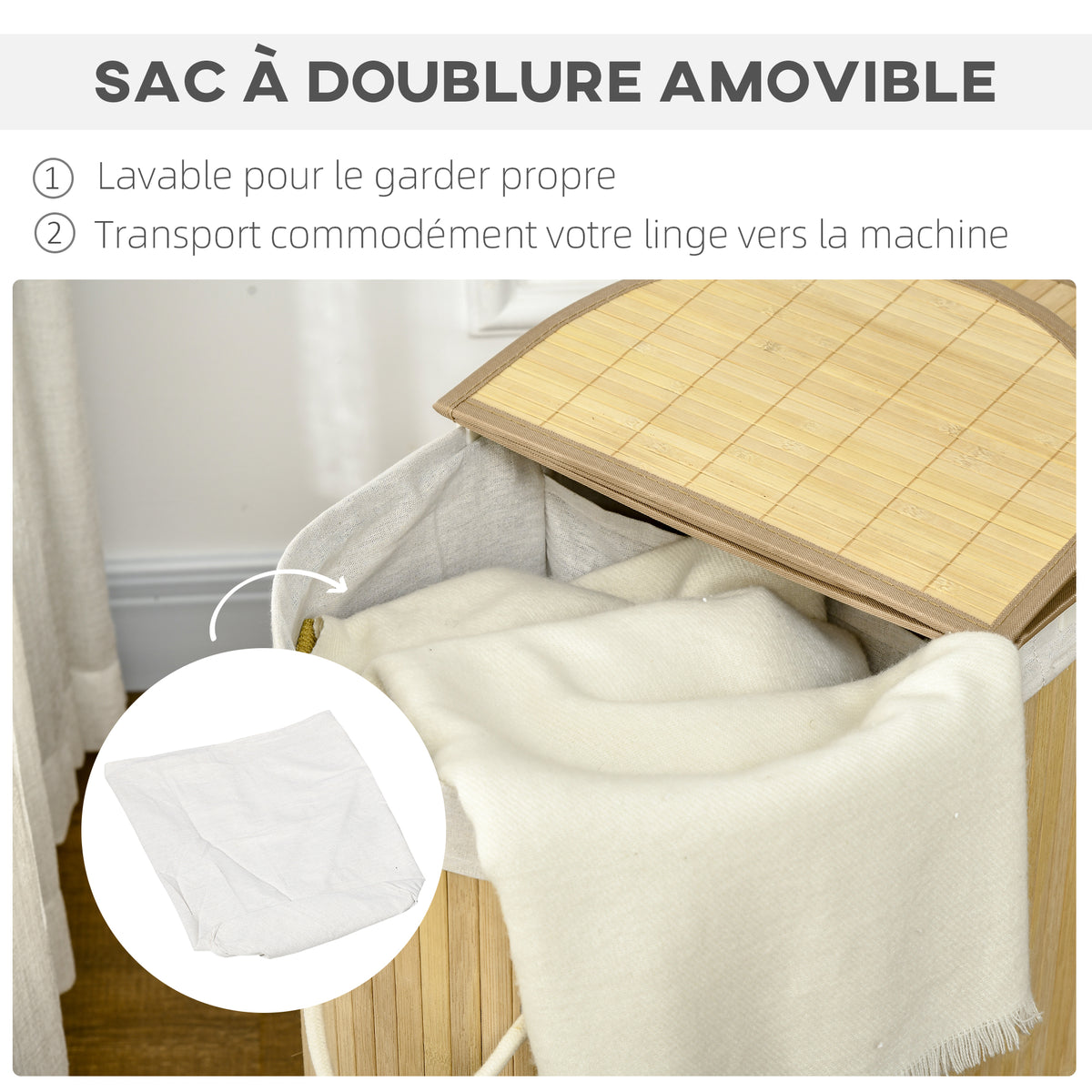 Panier à linge en bambou 100L avec 2 sections couvercle et sac amovible 62,5 x 37 x 60,5 cm - naturel-4