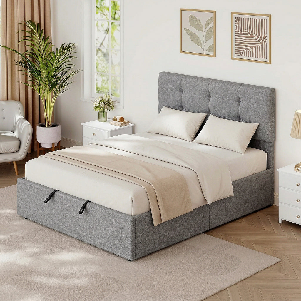 Lit coffre 140x190, cadre de lit double rembourré avec sommier à lattes en bois et rangement cach, sans matelas, gris-7