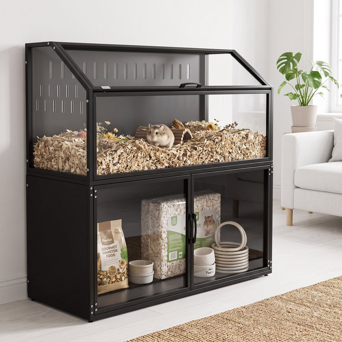 Cage Hamster 2-en-1 avec Armoire de Rangement pour Rongeur Hamster Syrien et Souris Acier et Acrylique Noir-9