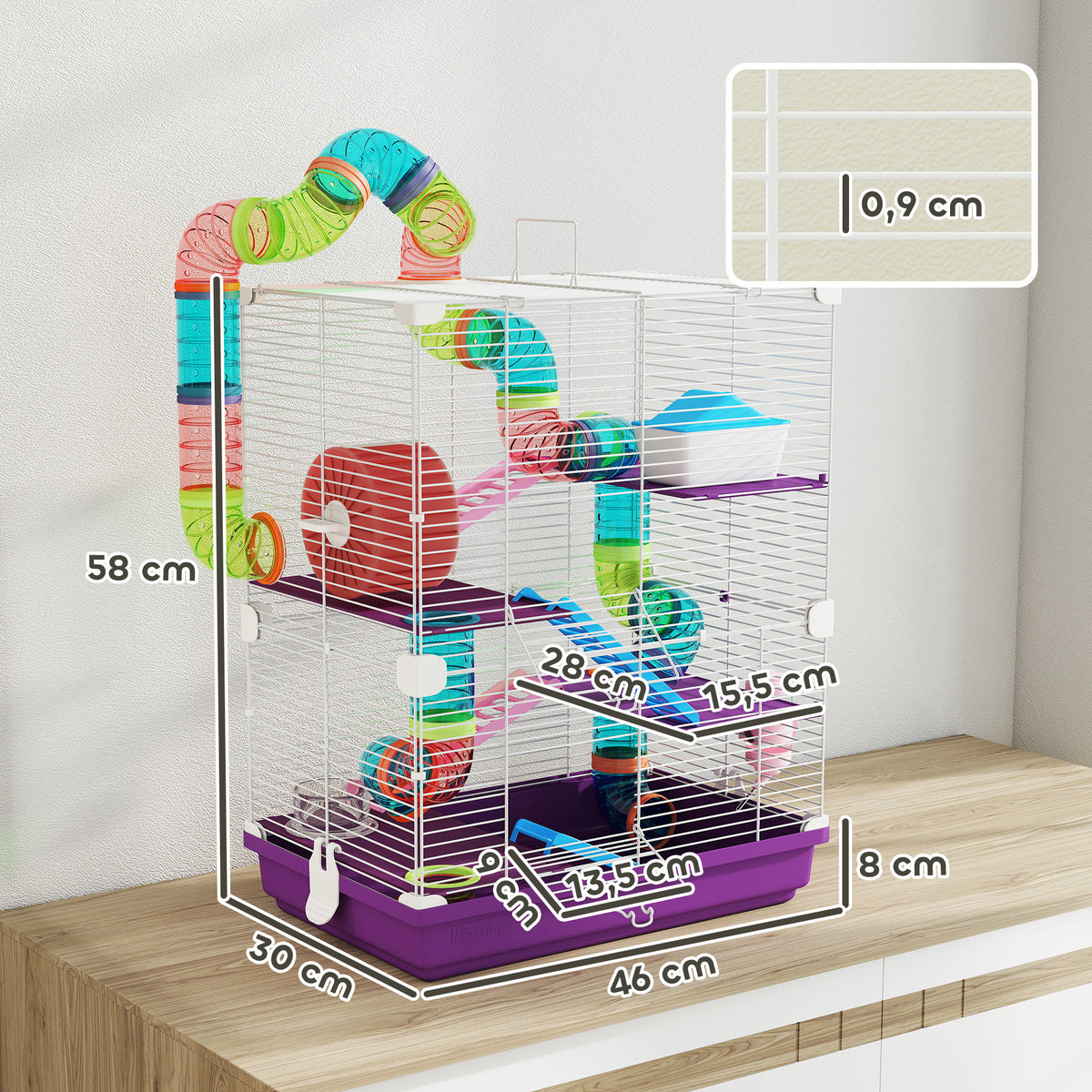 Cage pour hamster rongeur 4 étages avec tunnels mangeoire roue maison échelles 46 x 30 x 58 cm violet-2