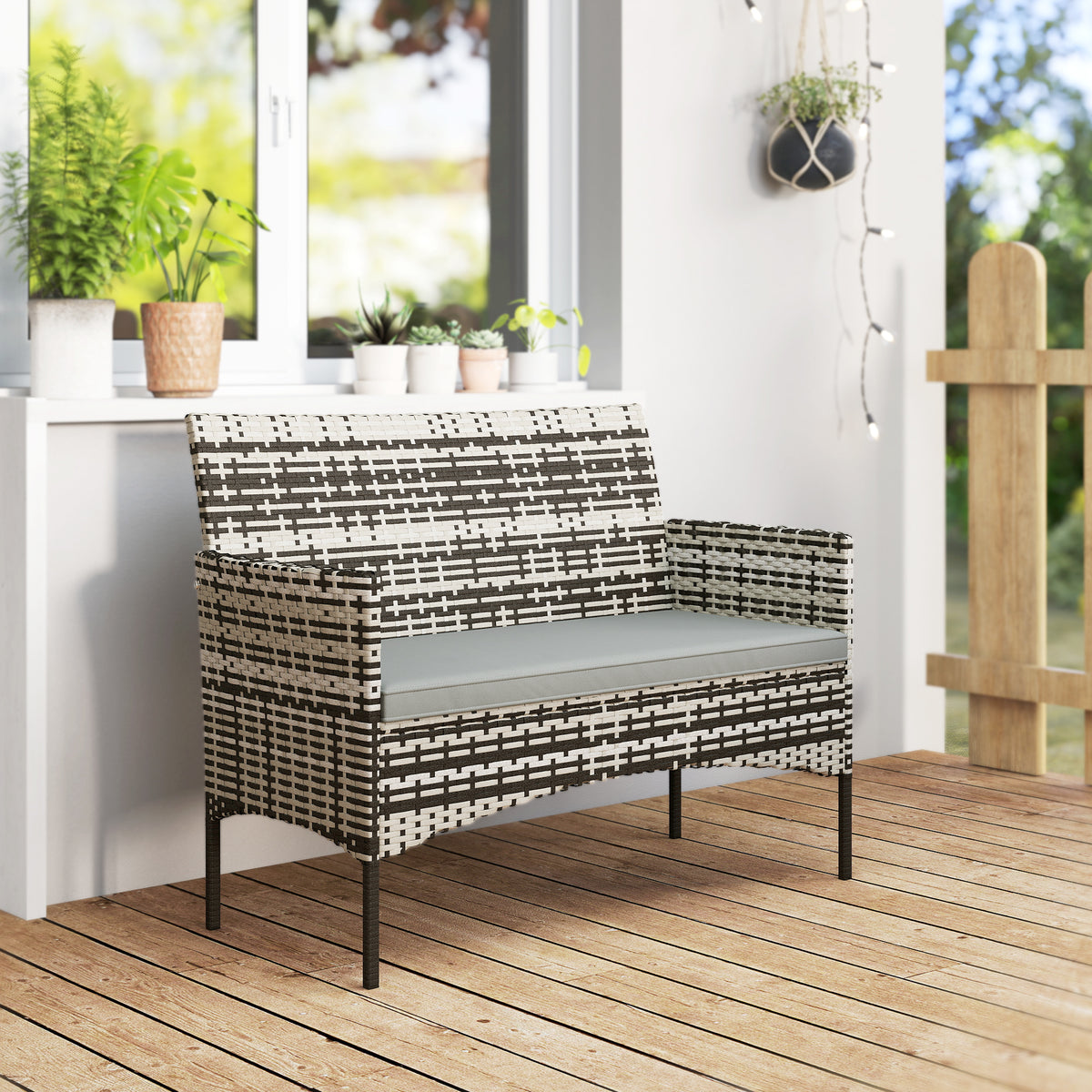 Canapé de jardin 2 places en résine tressée avec coussins canapé d'extérieur avec accoudoirs 115 x 63 x 85 cm gris clair-1