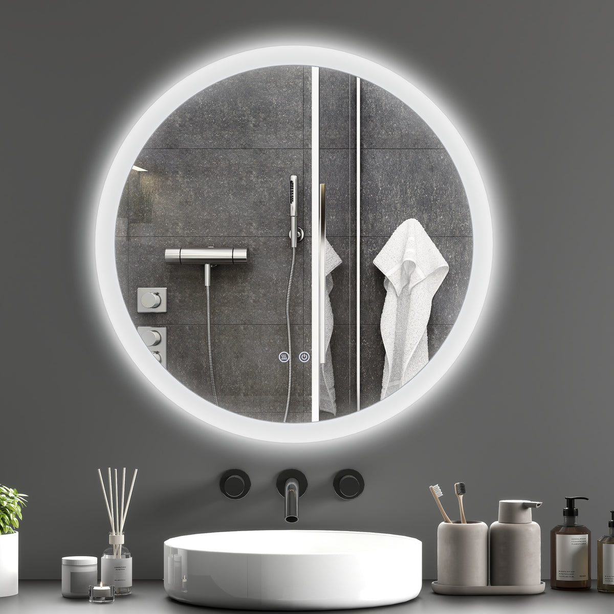 Miroir rond lumineux LED de salle de bain Ø 70 cm mural éclairage interrupteur tactile système antibuée 35W blanc argent-1