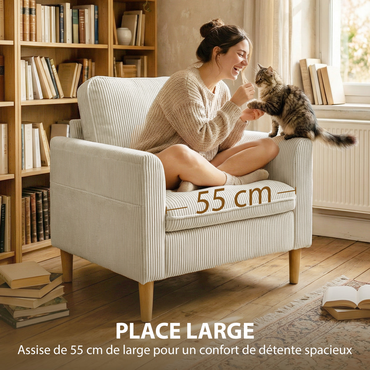 Fauteuil de salon en velours côtelé, canapé 1 place rembourré avec assise large et coussin à ressorts, 83x74x87cm, beige-4