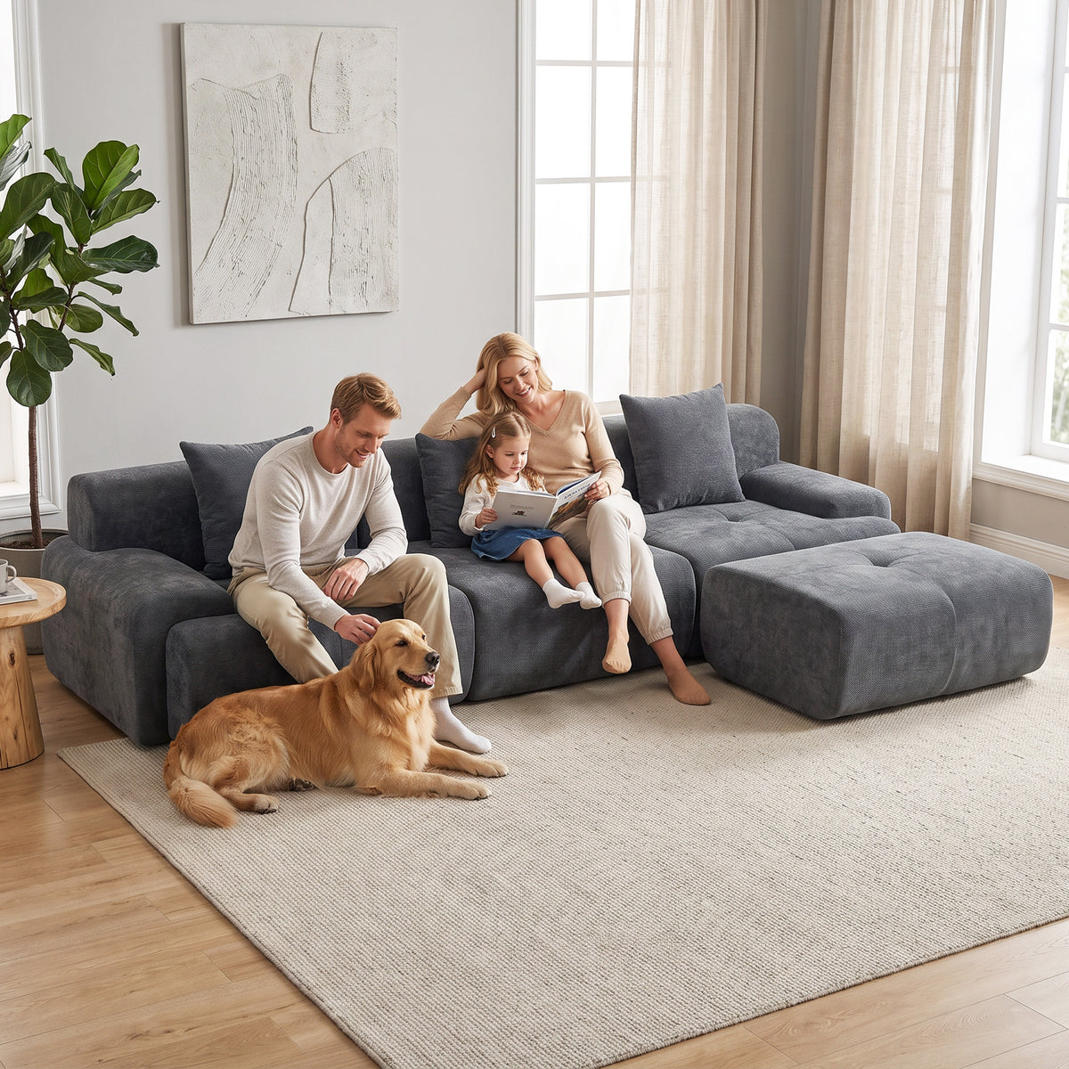 Canapé d'Angle Modulable 3 Places avec Pouf en Chenille, Canapé Compressé 300 cm avec Assise Profonde, 3 Coussins, Gris-5