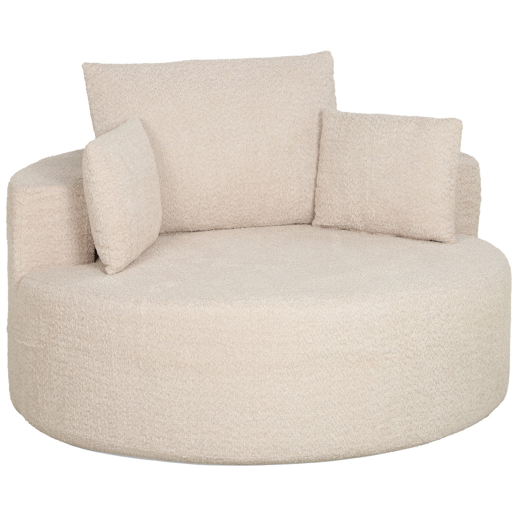 Pouf Canapé Rond en Chenille, Grande Assise, 2 Coussins, 1 Dossier, 1 Traversin, Charge 250kg, 130x130x82cm, Crème-0
