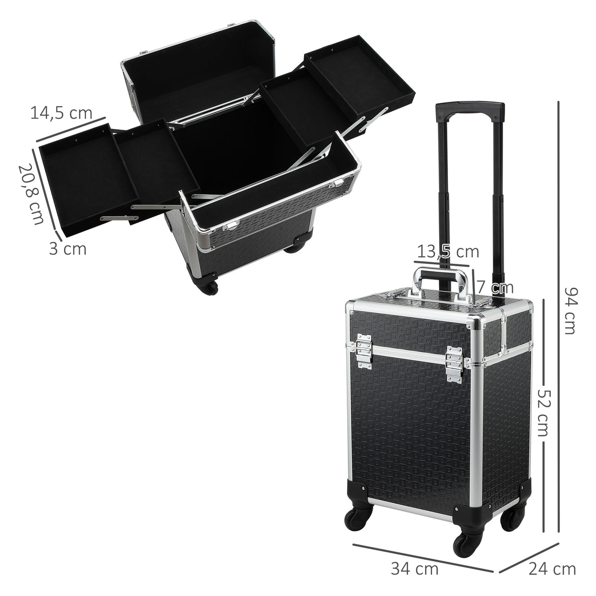 Valise trolley maquillage mallette cosmétique vanity poignée télescopique réglable 34L x 24l x 52H cm alu. noir-2