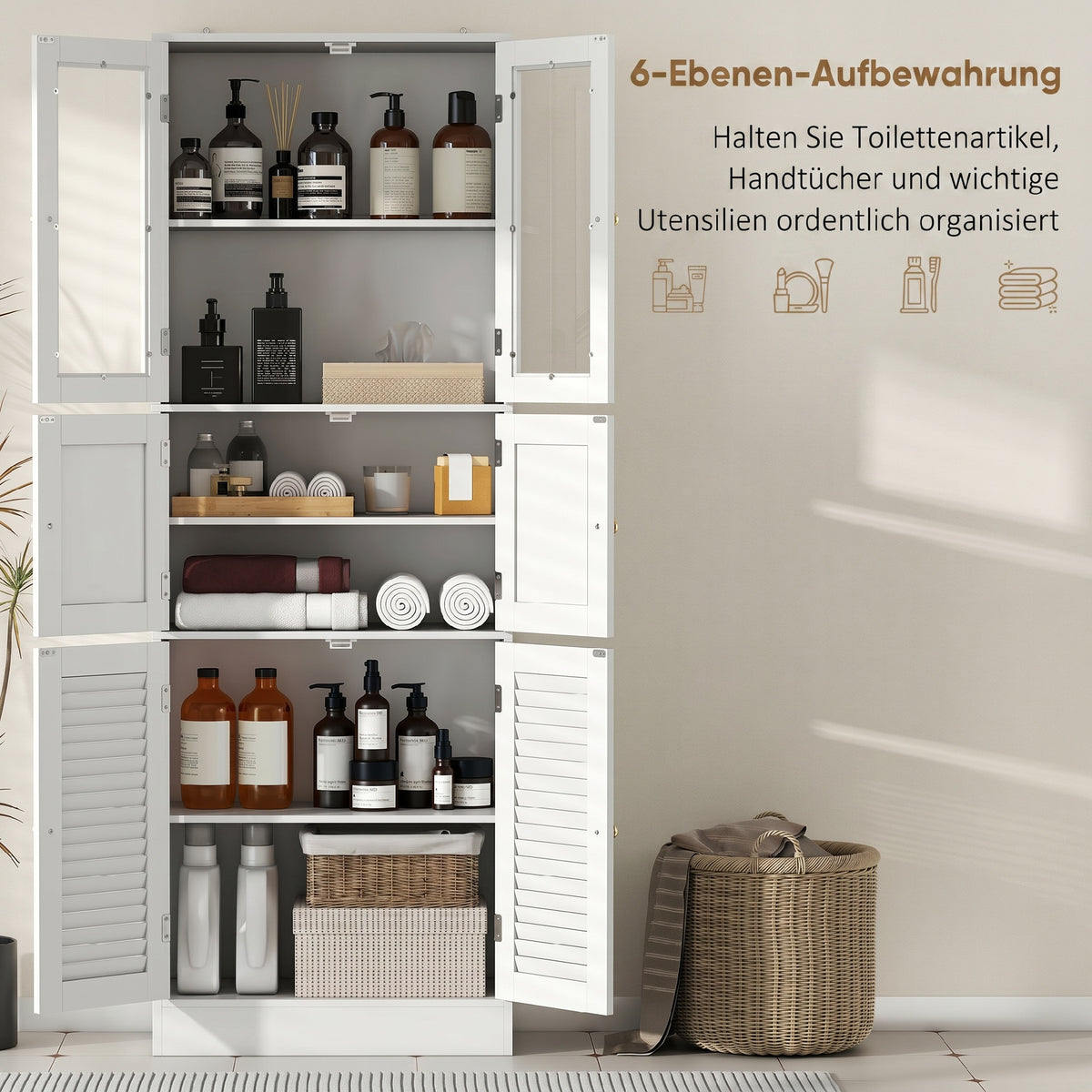 Meuble de salle de bain haut, meuble de rangement avec 6 portes dont 2 vitrées et 2 persiennes, étagère réglable, blanc-3