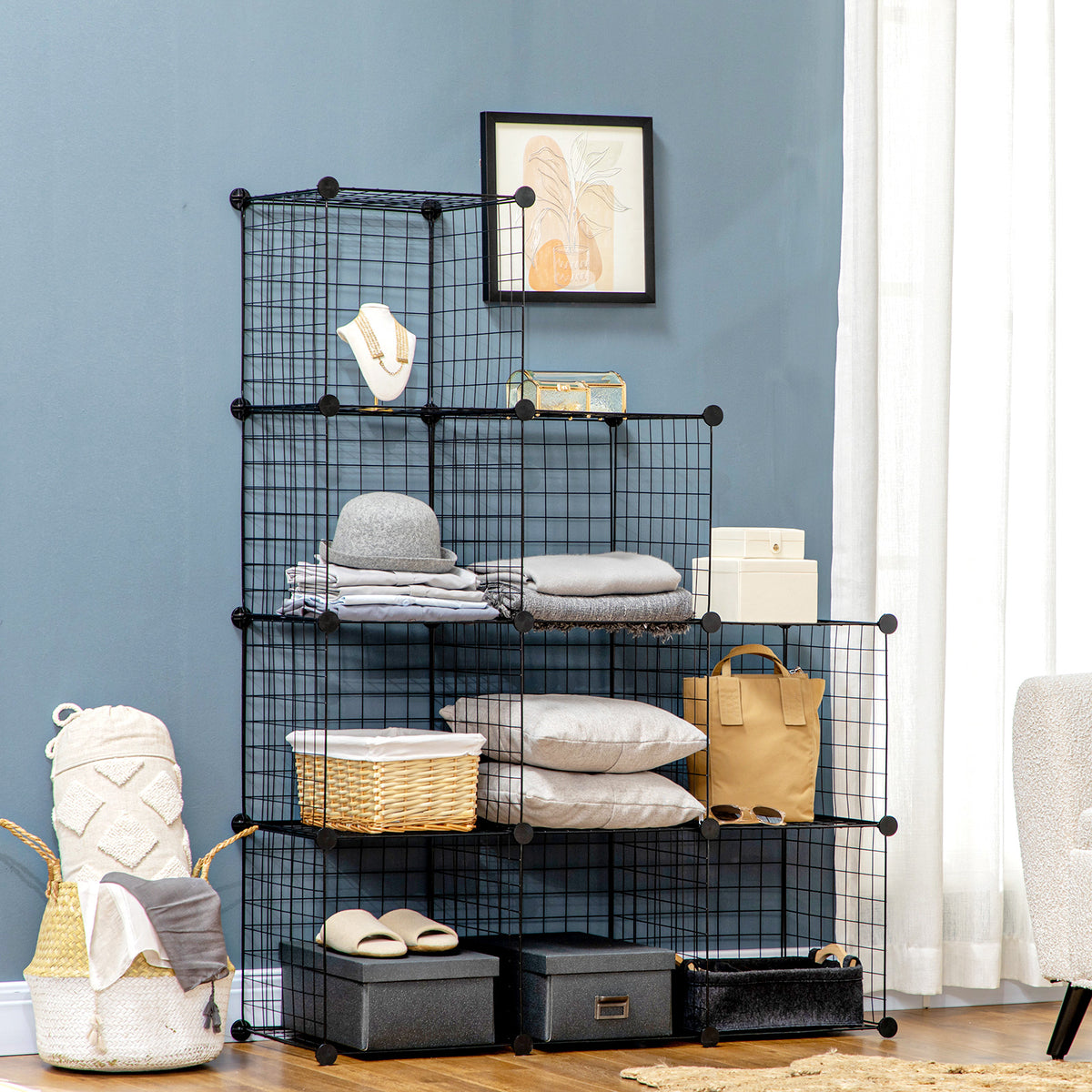 Étagère cube modulable DIY avec 9 compartiments en treillis métallique pour salon, chambre à coucher, noir-9
