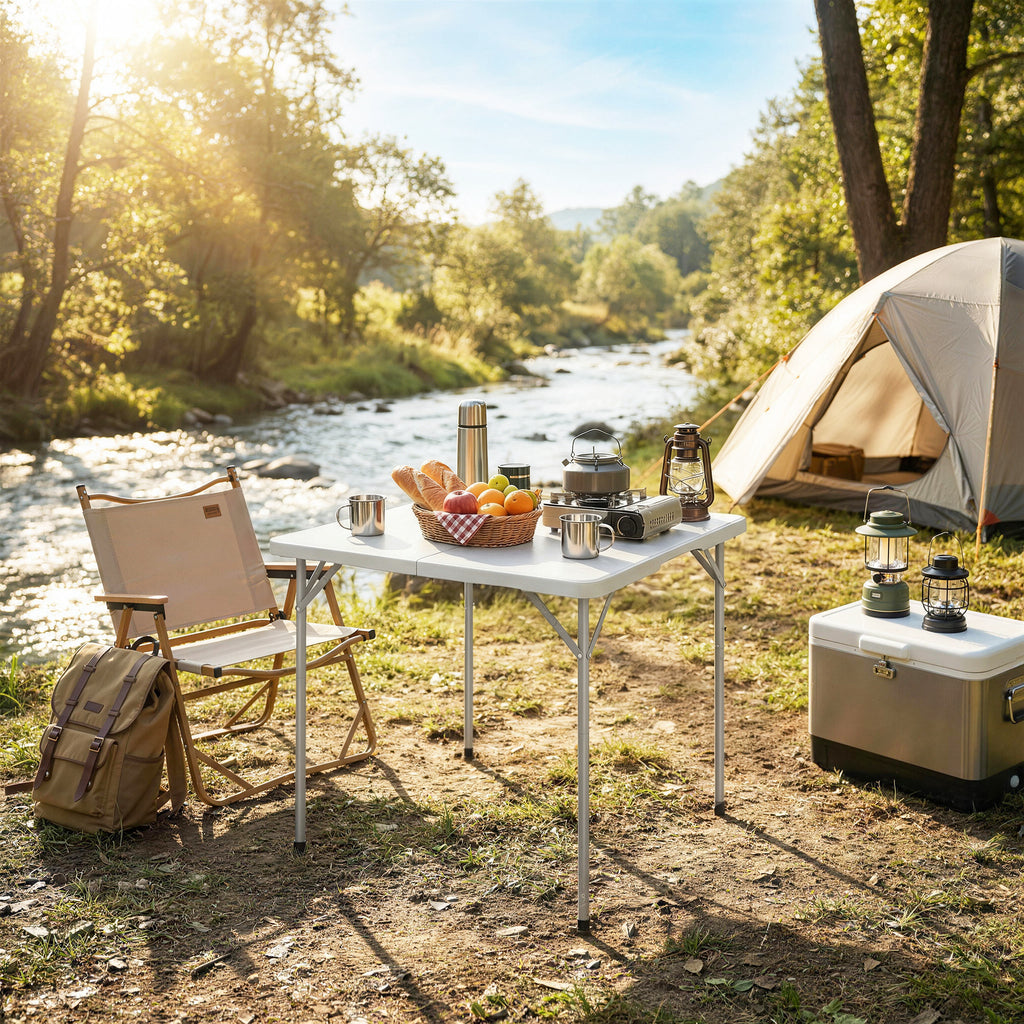 Table pliante en HDPE, table de camping pliante carrée 86 x 86 x 74 cm, avec une poignée, hauteur réglable, blanc-7