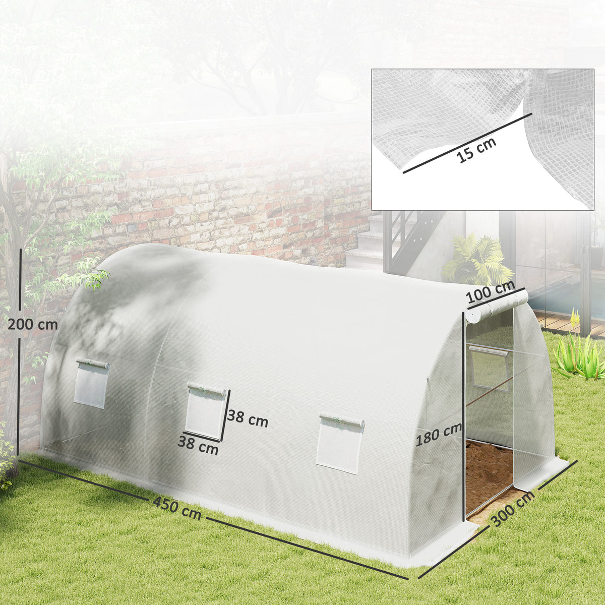 Serre de jardin tunnel 13,5 m² 6 fenêtres, porte zippée enroulable châssis acier galvanisé, bâche PE 4,5 x 3 x 2 m blanc-2