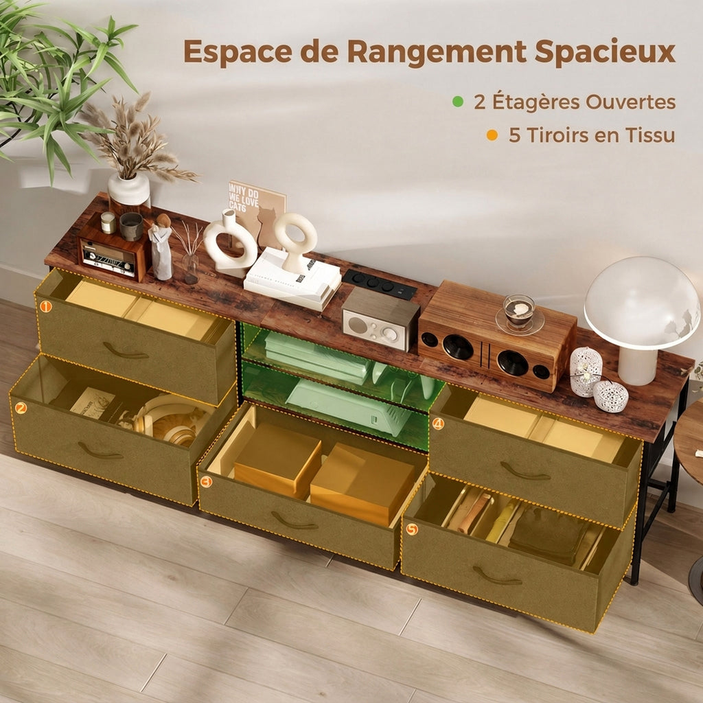 Meuble TV 160 cm, Meuble Télé 70 Pouces, Station de Charge, 5 Tiroirs en Tissu, Étagères Ouvertes, Gris Foncé-4