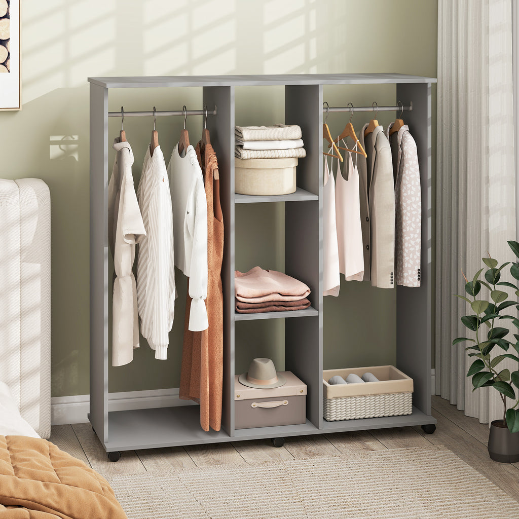 Armoire penderie meuble de rangement mobile 6 roulettes 120 x 40 x 128 cm en bois gris-9