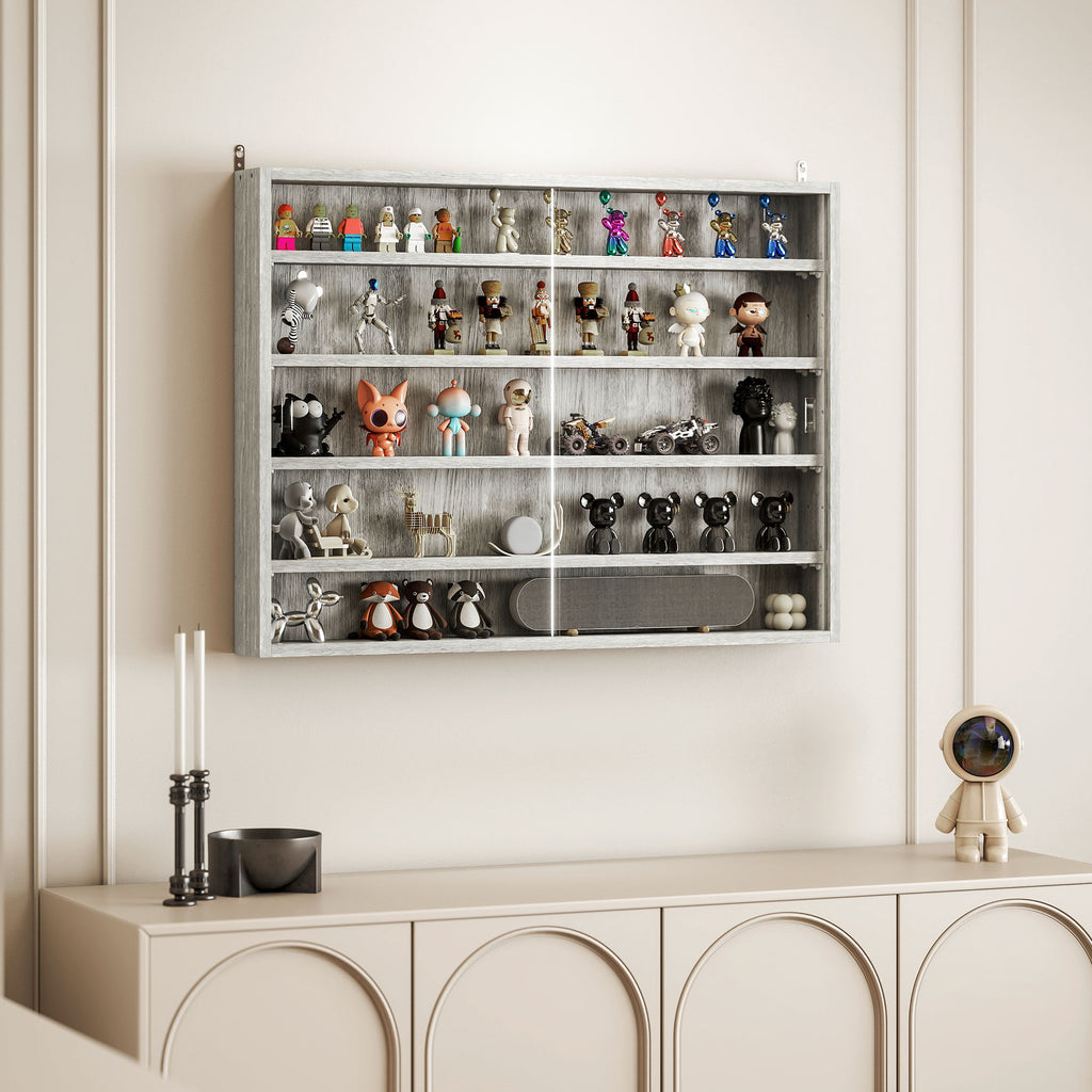 Vitrine murale pour objets de collection 4 étagère réglables en hauteur et 2 portes coulissantes 80 x 9,5 x 60 cm gris-7