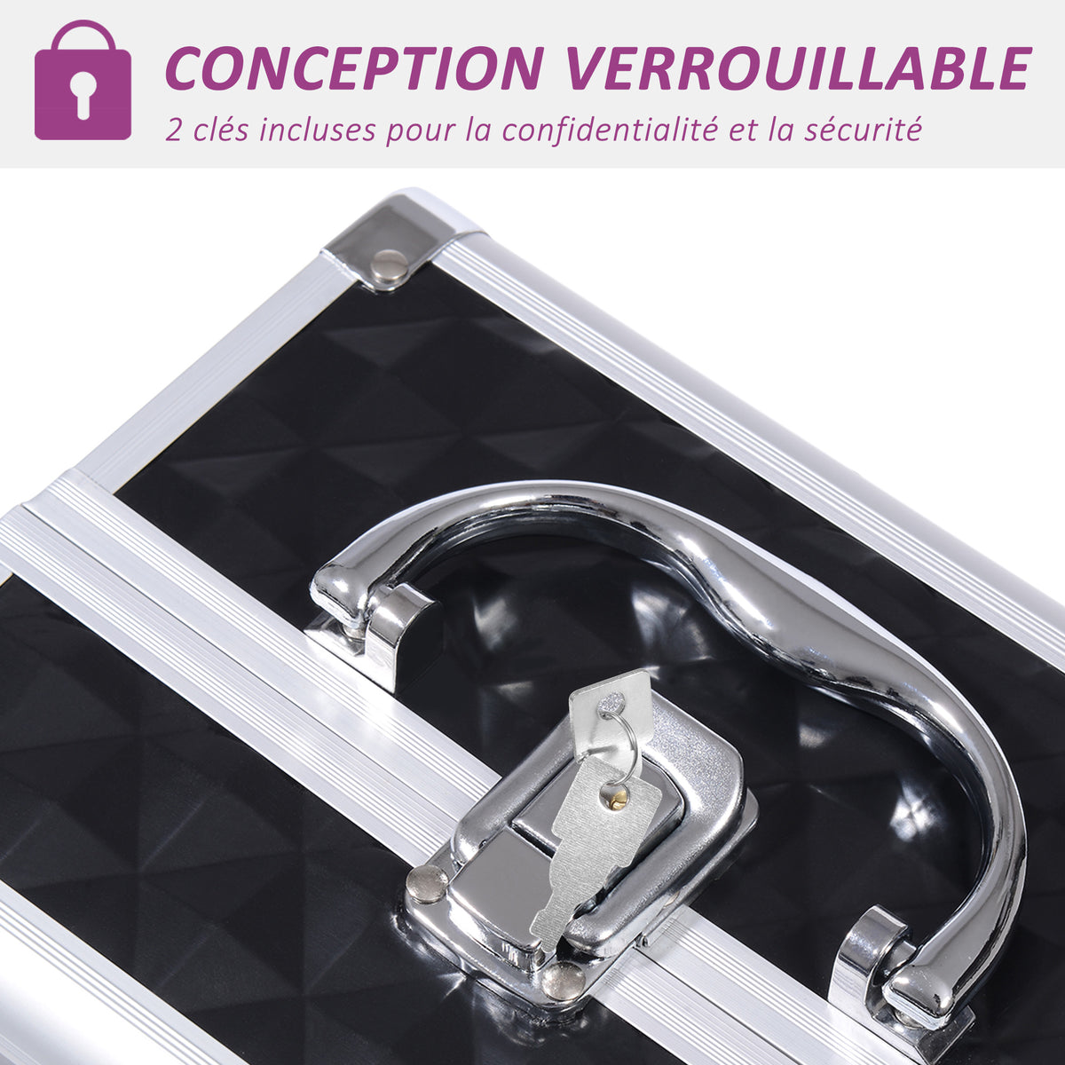 Mallette à maquillage rangement à 3 niveaux avec miroir verrouillage avec 2 clés dim. 20L x 15l x 15H cm noir-3