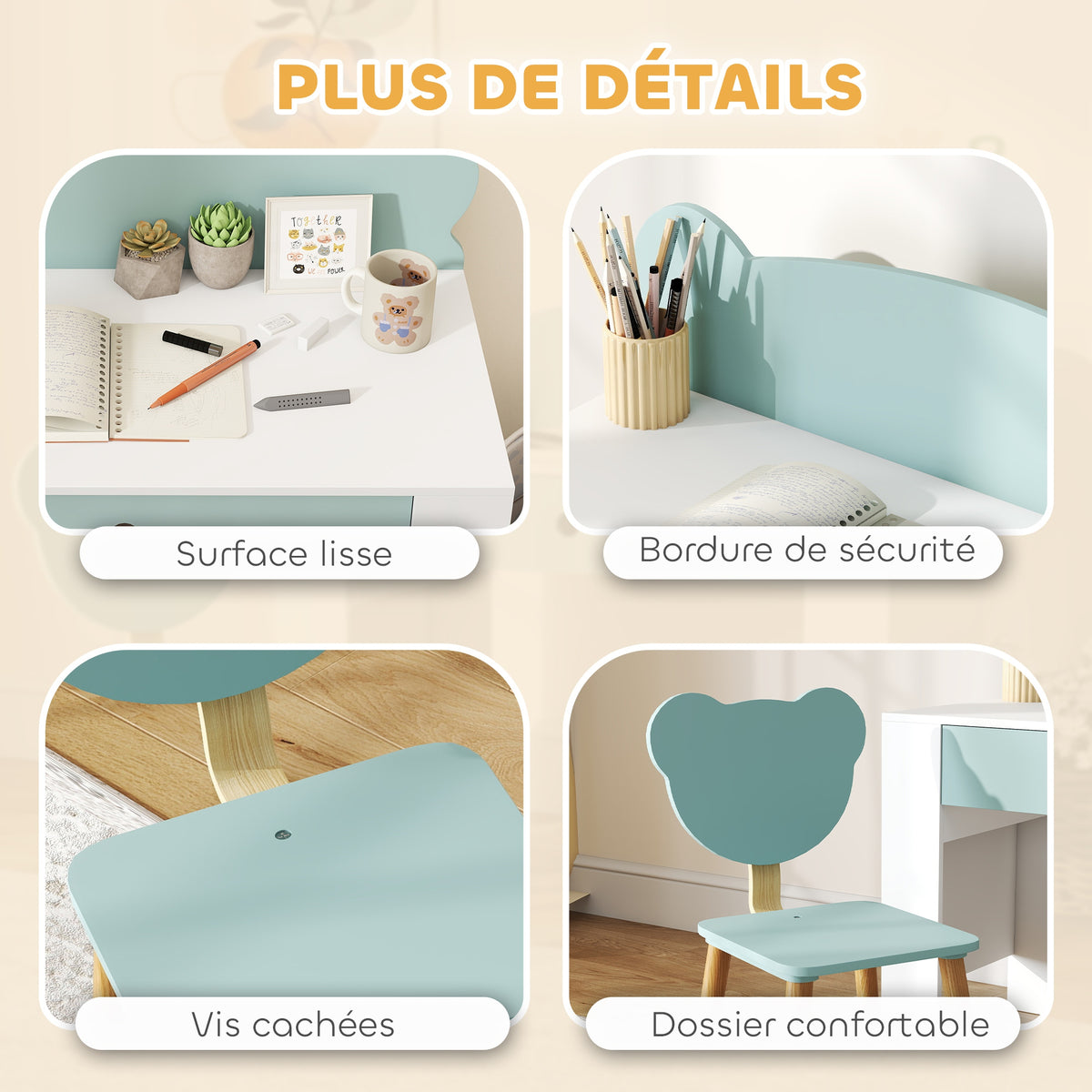 Bureau enfant avec chaise, table enfant et chaise avec tiroir et large plateau, 80 x 41 x 74,5 cm, vert-5