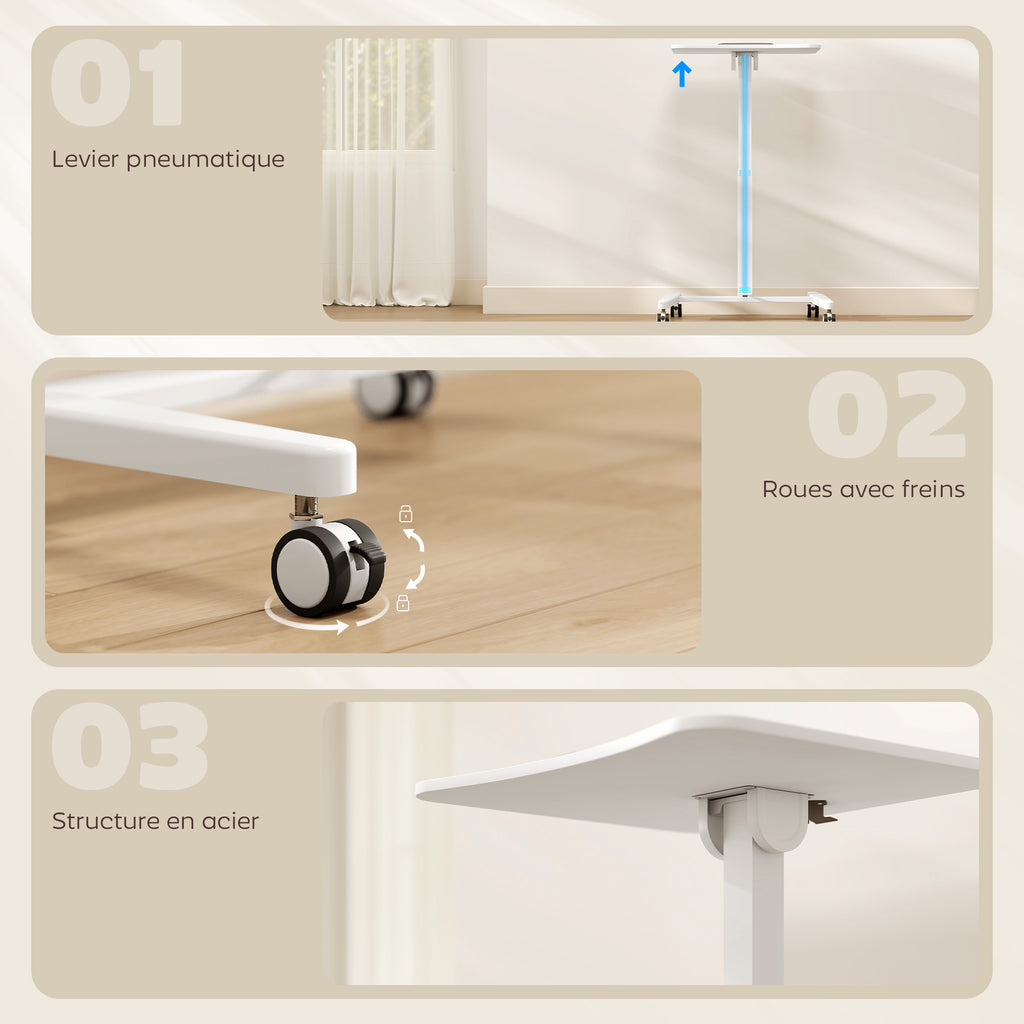 Bureau Debout Réglable en Hauteur, Plateau Inclinable, Roulettes et Cadre en Acier, 60,5 x 52 x 75-114 cm, Blanc-5