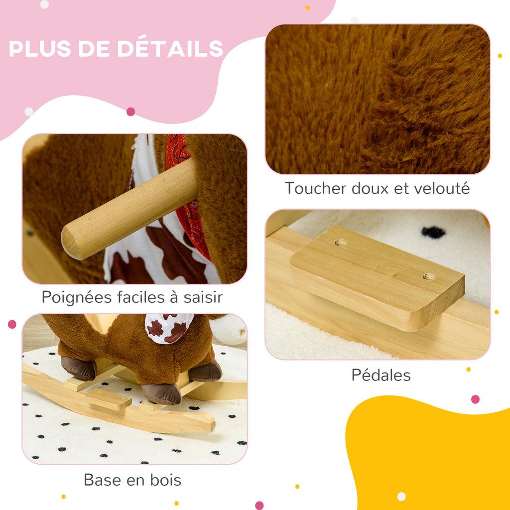 Cheval à bascule jouet à bascule fauteuil intégré ceinture de sécurité fonction sonore hennissement 18-36 mois marron-6