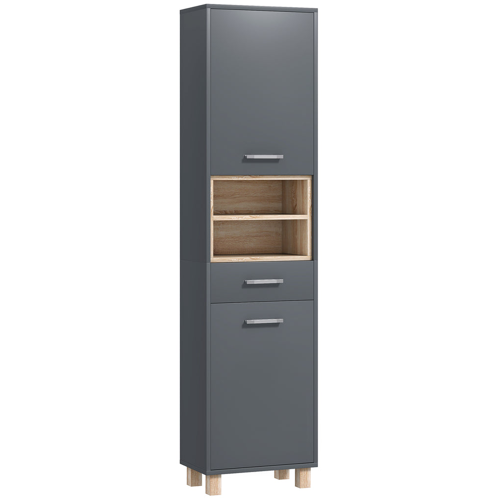 Colonne salle de bain, meuble salle de bain rangement avec 2 placards, tiroir et 2 compartiments ouverts, gris-0