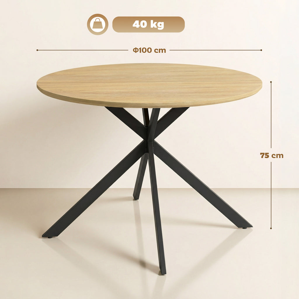 Table à Manger Ronde pour 4 Personnes 100 cm, Style Industriel avec Plateau Aspect Bois, Piètement Croisé en Acier Chêne-2