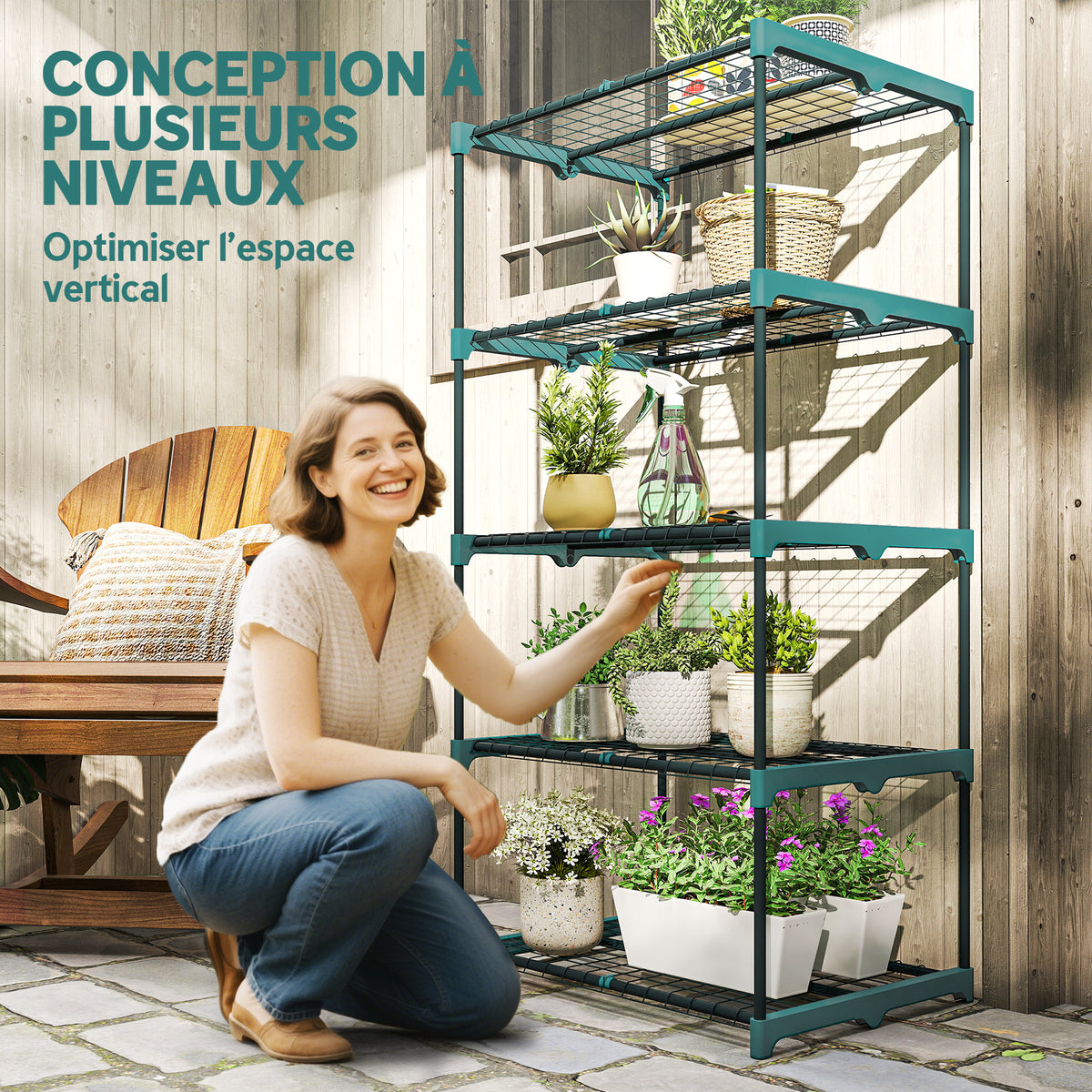 Étagère à fleurs en acier 5 niveaux intérieur et extérieur support de plantes pour jardin balcon salon 67x49x138cm vert-3