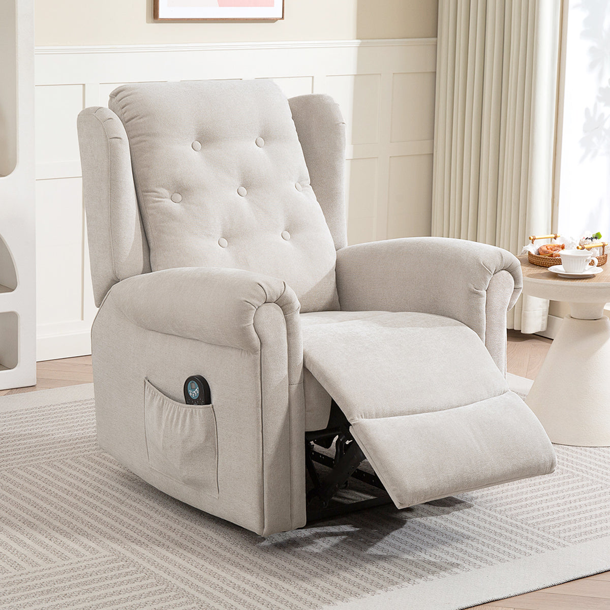 Fauteuil relax massant et chauffant avec dossier et repose-pieds réglable manuellement, poche latérale, beige-8