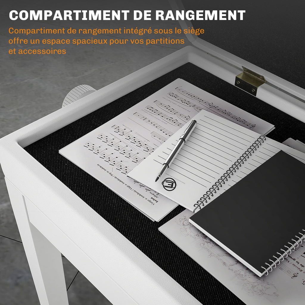 Banc de piano, banc de clavier réglable en hauteur en bois massif, compartiment de rangement, 55 x 33 x 48-58 cm blanc-4