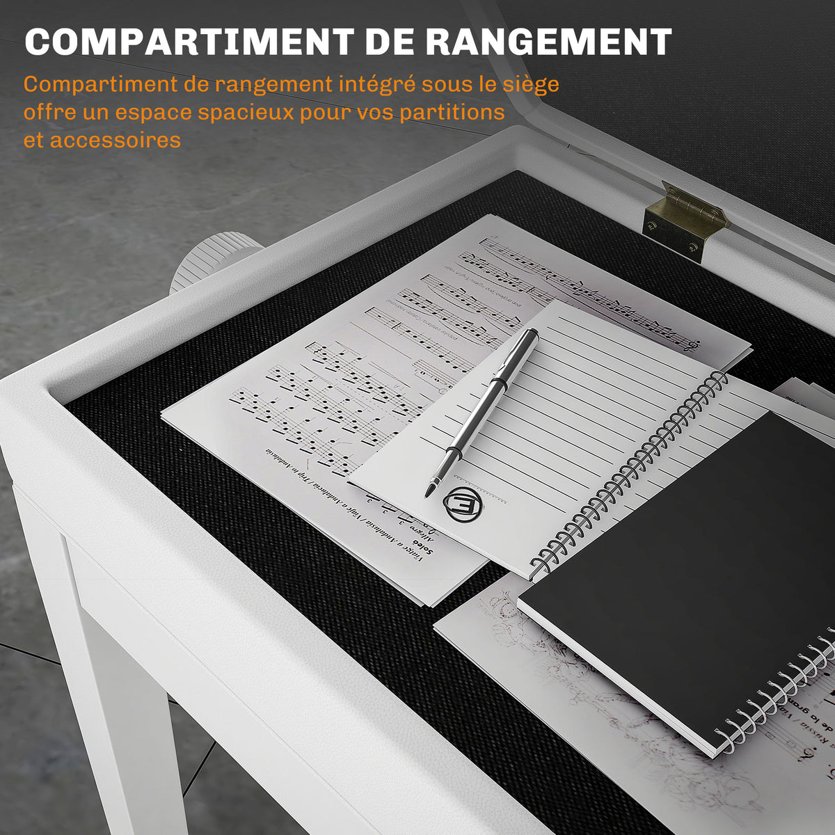 Banc de piano, banc de clavier réglable en hauteur en bois massif, compartiment de rangement, 55 x 33 x 48-58 cm blanc-4