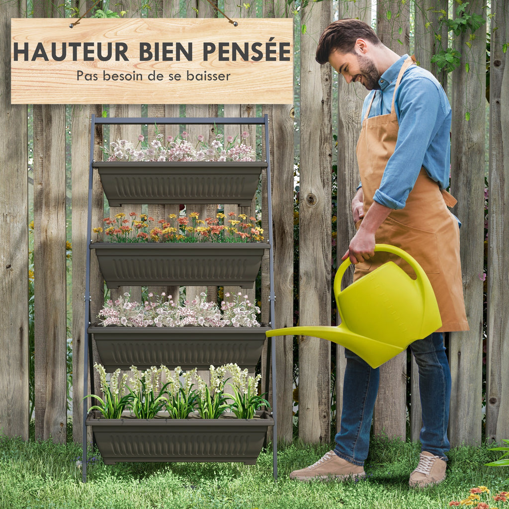 Étagère à Fleurs en Acier 4 Niveaux, Support de Plantes Vertical avec 4 Bacs et Trous de Drainage, 76x79x162cm, Marron-4