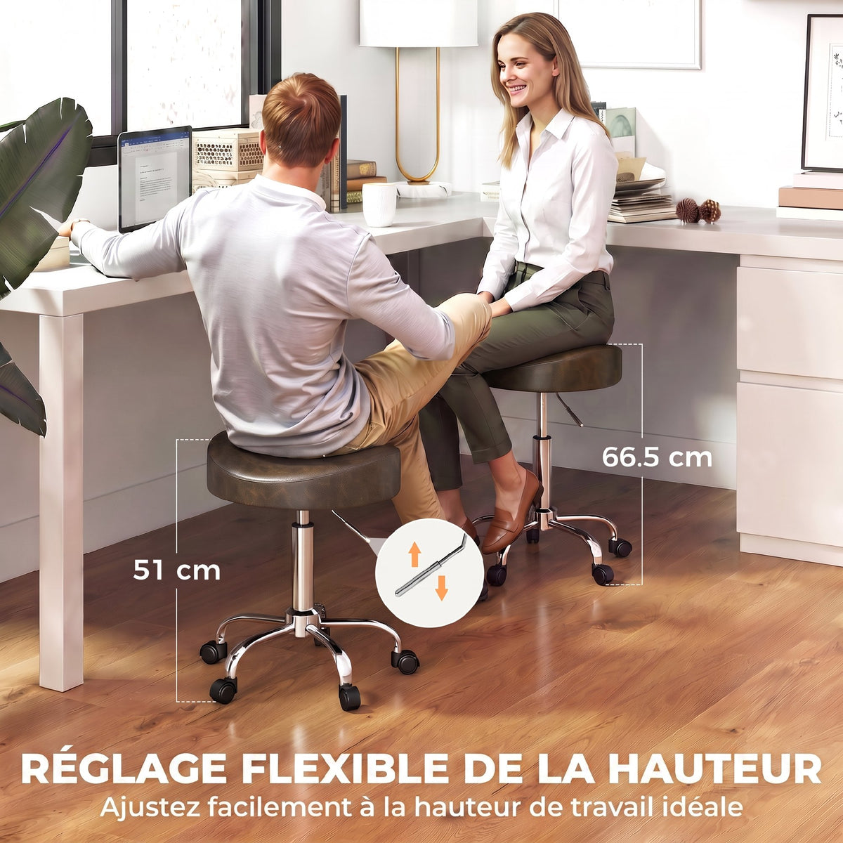 Tabouret à roulettes, tabouret de salon avec hauteur réglable 51-66 cm et assise rembourrée, pivotant 360°, marron-4