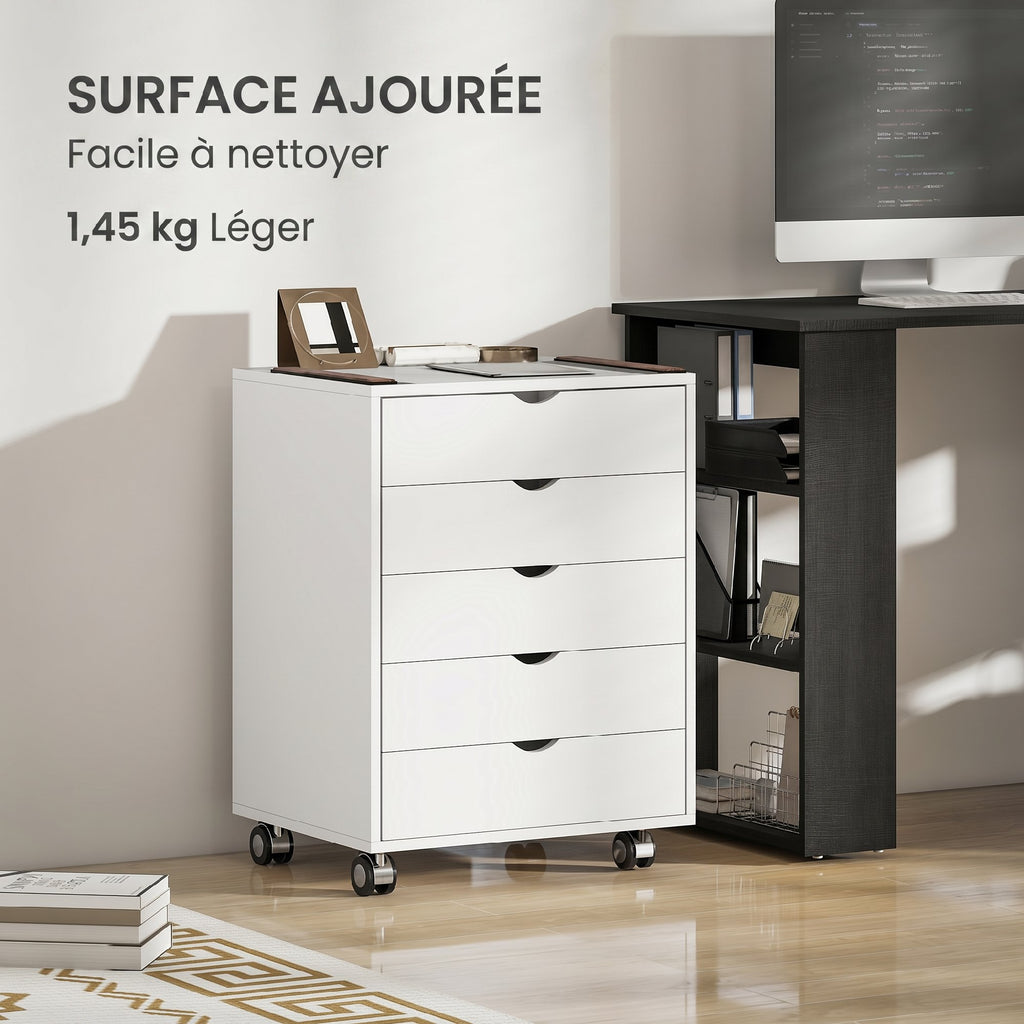 Caisson bureau mobile avec 5 tiroirs, meuble rangement bureau à roulettes pour documents A3/Lettre/A4, blanc-8