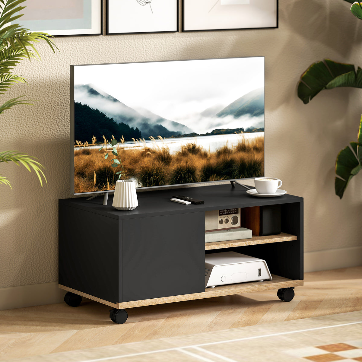 Meuble TV sur roulettes avec 2 Freins - 2 niches + Placard Porte 2 Passe-Fil - en bois Noir chêne Clair-1