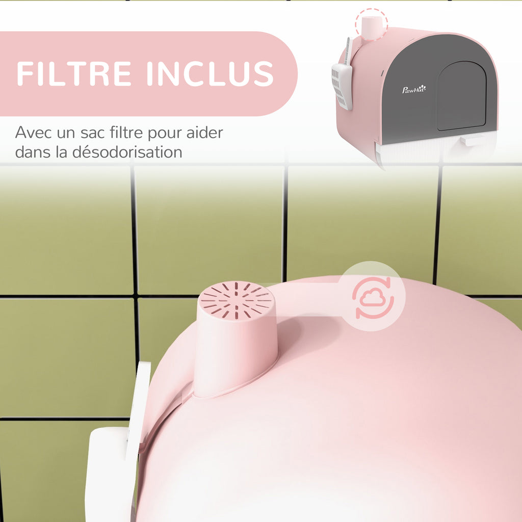 Bac à litière pour chat avec porte battante pelle et filtre inclus dim. 43L x 44l x 47H cm rose-5