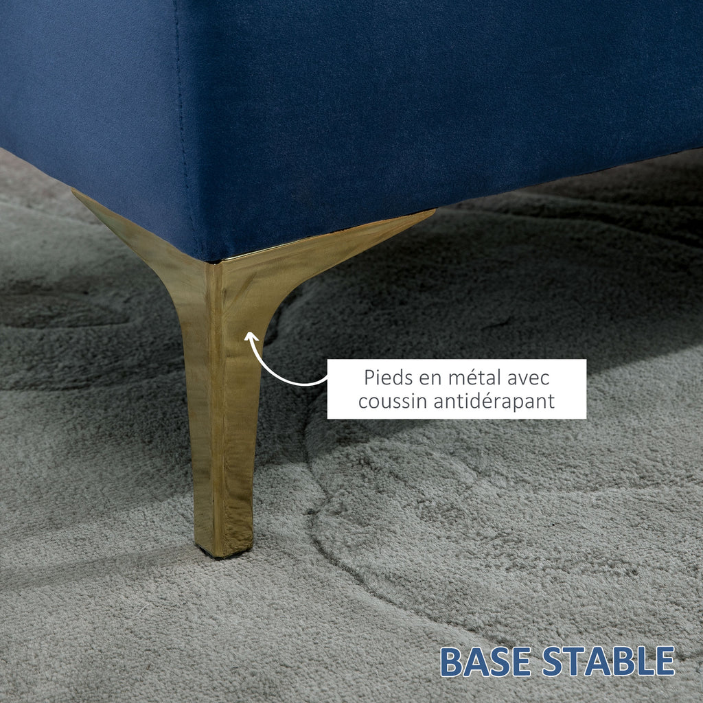 Banc banquette capitonnée bout de lit style classique chic 118L x 45l x 42H cm piètement métal doré velours bleu-4