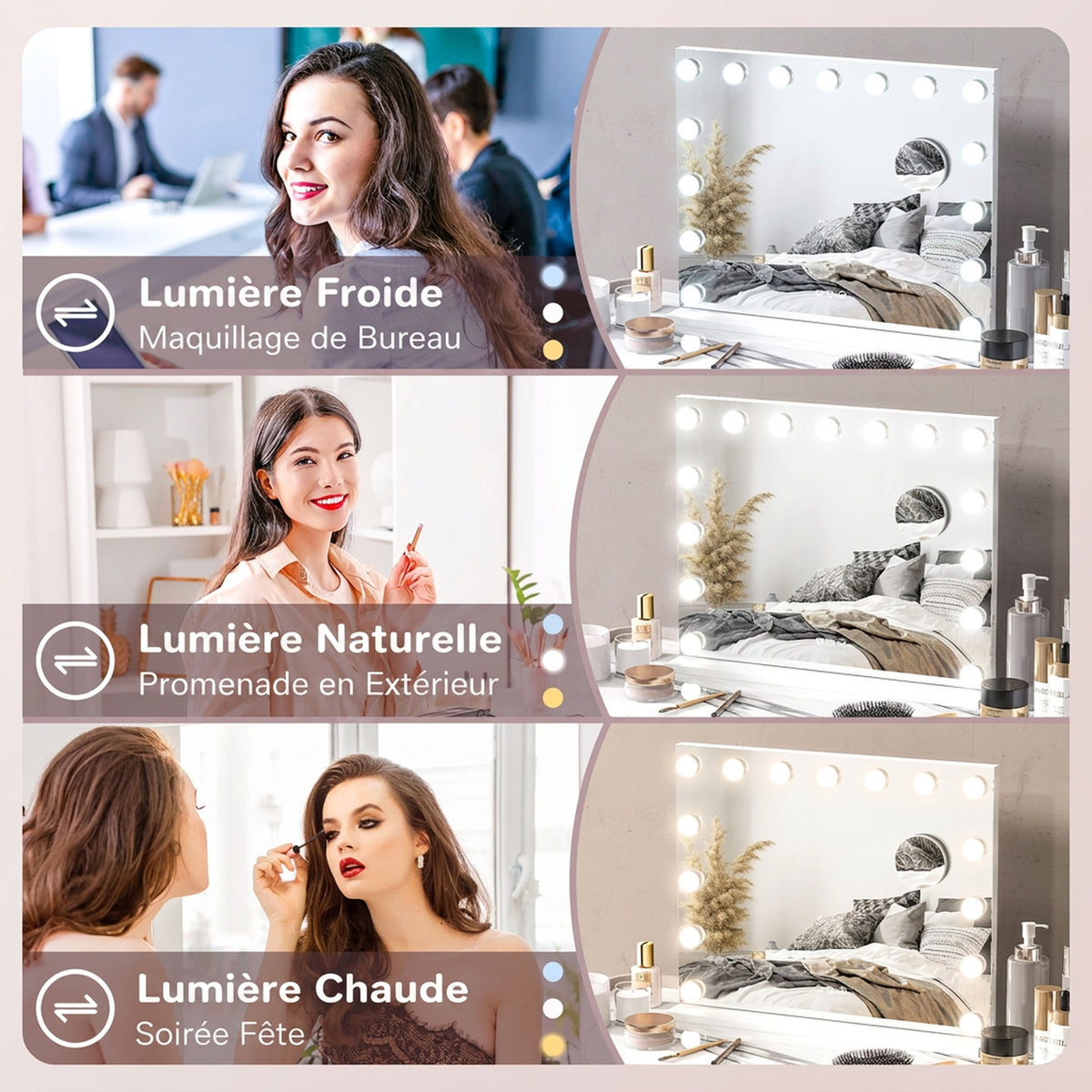 Miroir Maquillage Hollywood 58 x 48 cm, Miroir Coiffeuse LED, 15 Ampoules, 3 Modes d'Éclairage, Port USB de Charge-4