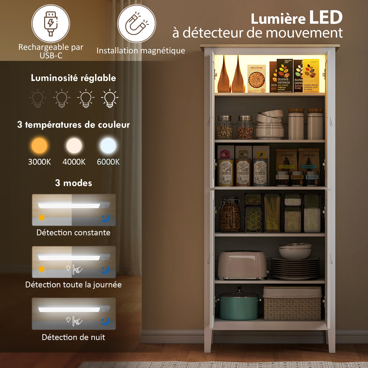 Buffet cuisine, meuble cuisine rangement haut avec LED réglable et détecteur de mouvement, 80 x 40 x 176,5 cm, blanc-3