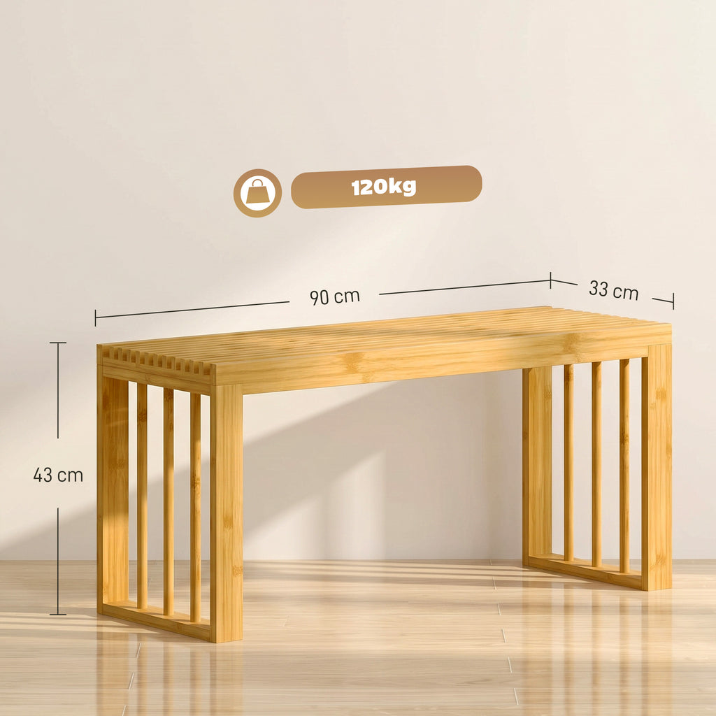 Banc à Chaussures en Bambou, Banc d'Entrée Sans Dossier, Assise en Bois Ajourée, 90 x 33 x 43 cm, Bois Naturel-2