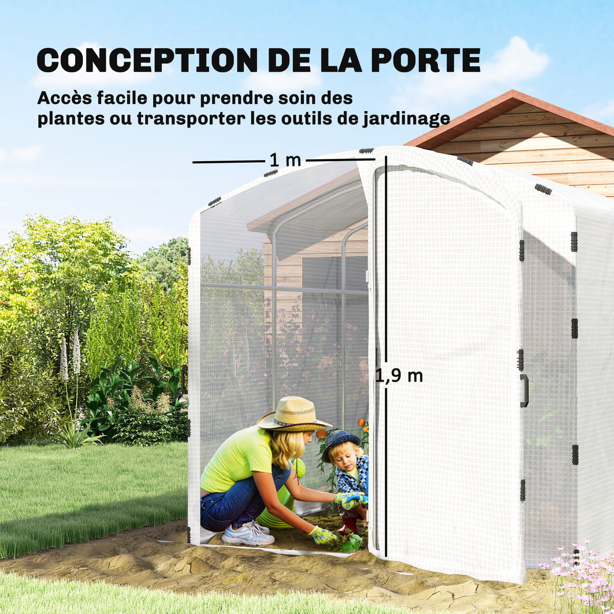 Serre tunnel de jardin 6m², serre de jardin tunnel 300x200x195cm bâche PE 220g/m² bords prolongés 50 cm avec porte blanc-4