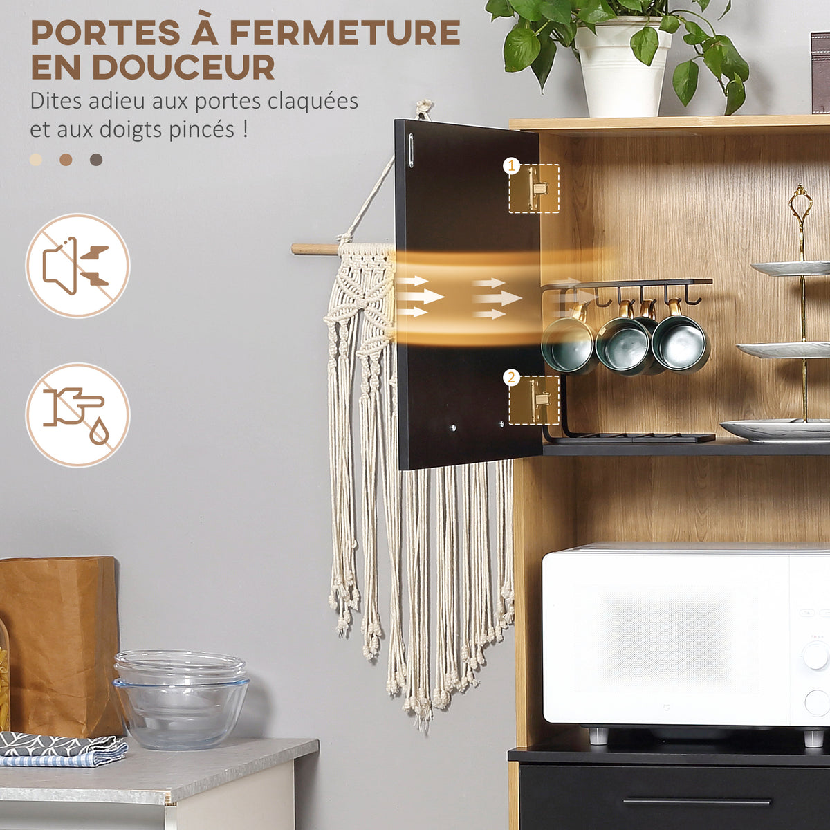 Armoire de cuisine multi-rangements avec tiroir 3 placards 4 niches et passe-câbles hauteur 180 cm noir et bois naturel-4