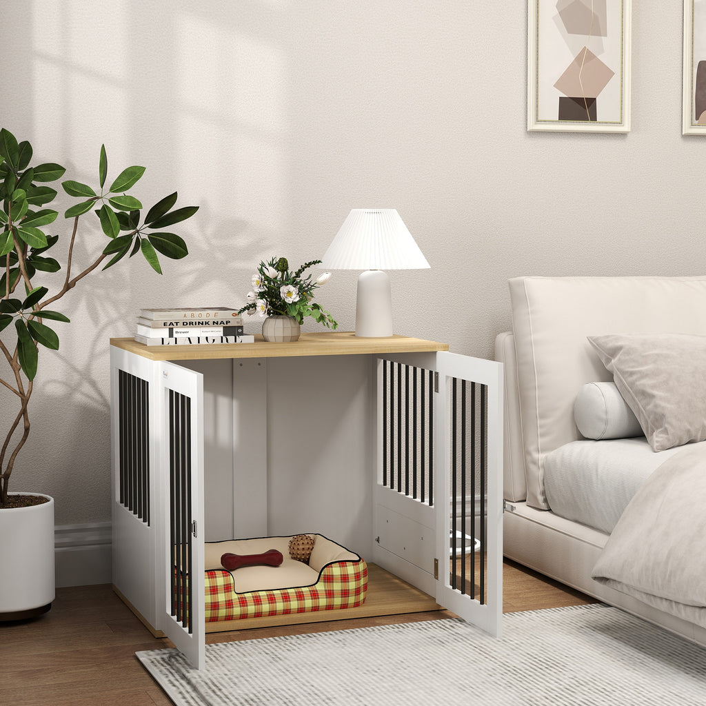 Cage pour chiens, table d'appoint, gamelles amovibles rotatives à 360° 2 portes pour chien moyenne 80x55x71,5cm blanc-8