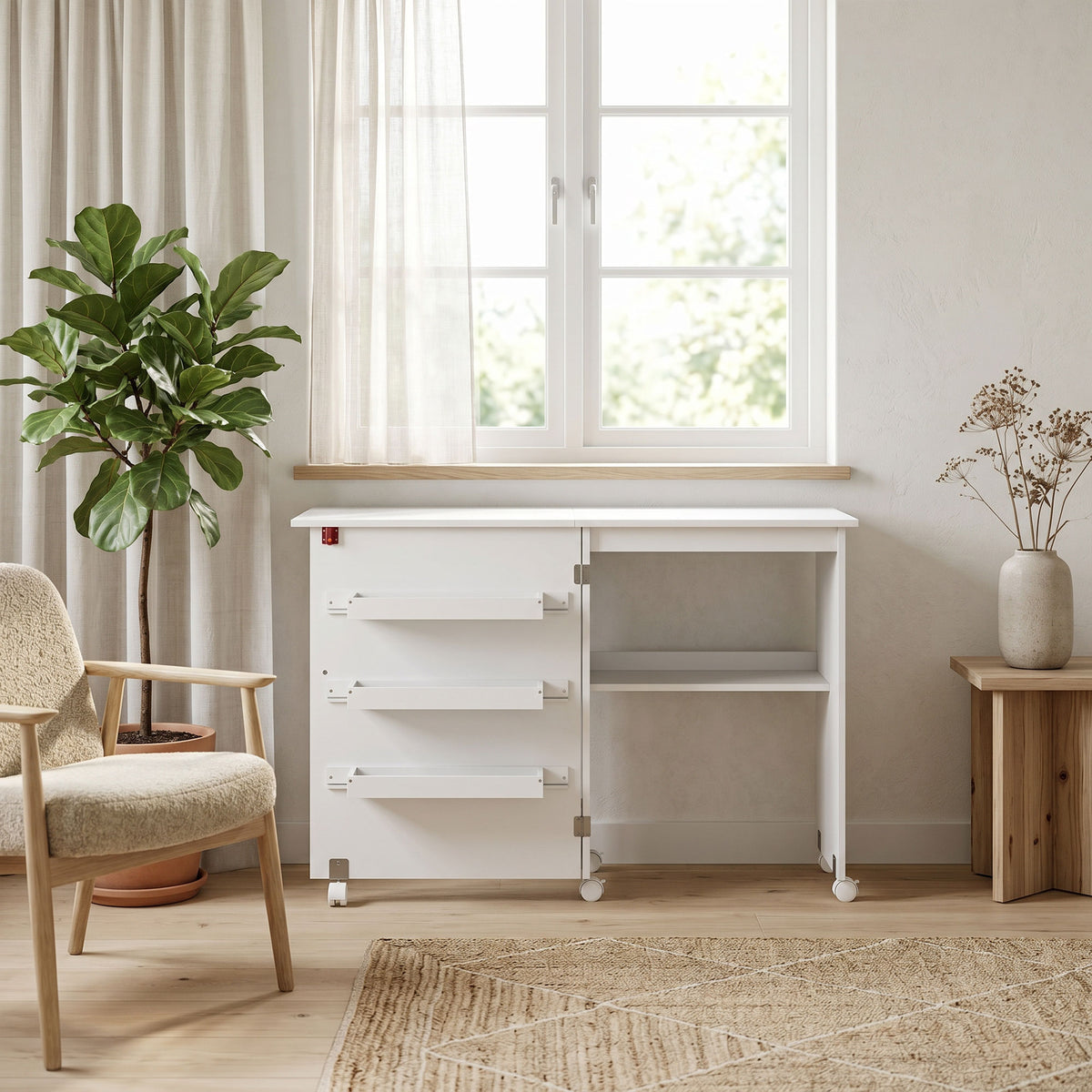 Table de couture pliante meuble couture à abattant avec bacs de rangement, étagère ouverte et roulettes, blanc-1