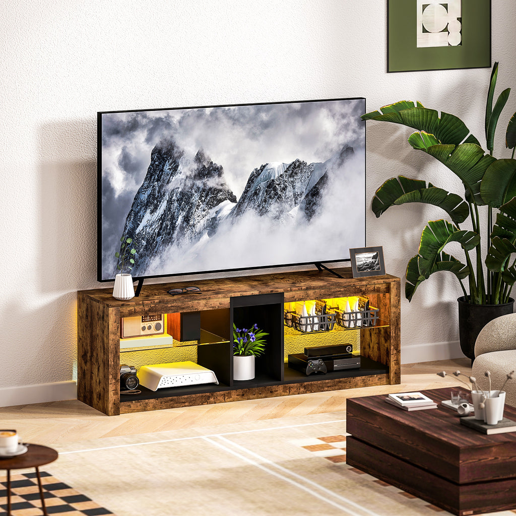 Meuble TV avec lumières LED et télécommande, étagères et compartiments ouvert, 140x35x47cm, marron-1