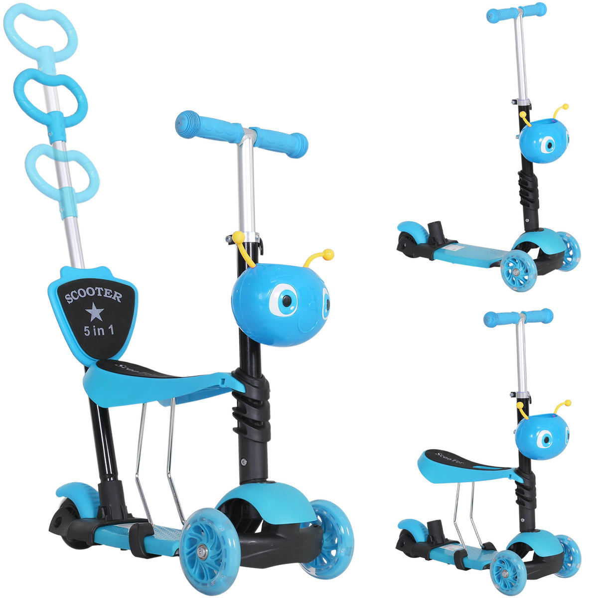3 en 1 Trottinette pour Enfants Trottinette 3 Roues évolutive Hauteur Guidon réglable charge max. 50 Kg Canne télescopique Selle Dossier Amovible Bleu-0