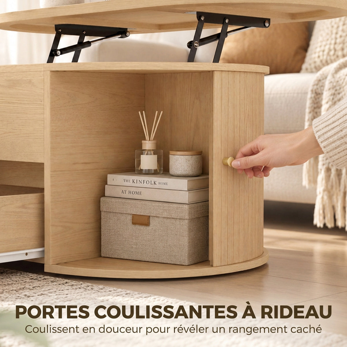 Table Basse Relevable Ovale, Compartiment Caché, Tiroir Cannelé, Portes Coulissantes et Placards, 100x50x40cm, Chêne-5