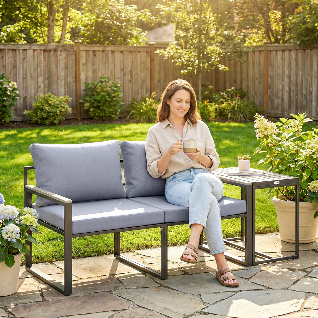 Salon de jardin 3 pièces coussins 14cm et accoudoirs en composite bois-plastique 2 fauteuils et table d'appoint gris-7